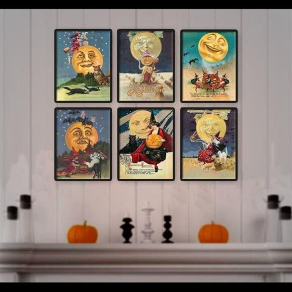 Art | Vintage Halloween Hallows Eve Moon Wall Decor Set Of 6 Prints ...